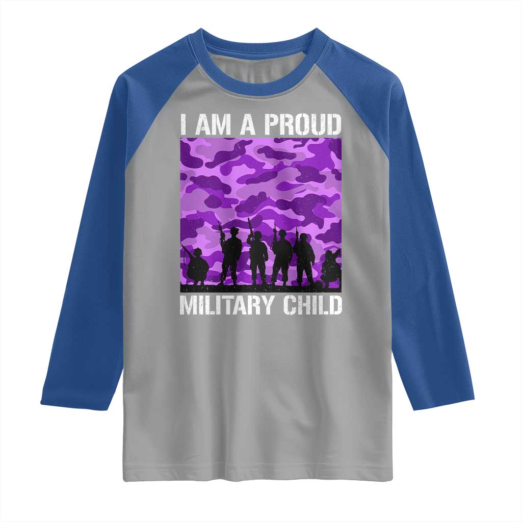 I Am A Proud Military Child Raglan Shirt Military Child Month Purple Camouflage Flag