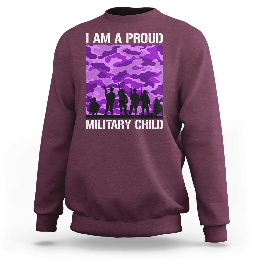 I Am A Proud Military Child Sweatshirt Military Child Month Purple Camouflage Flag