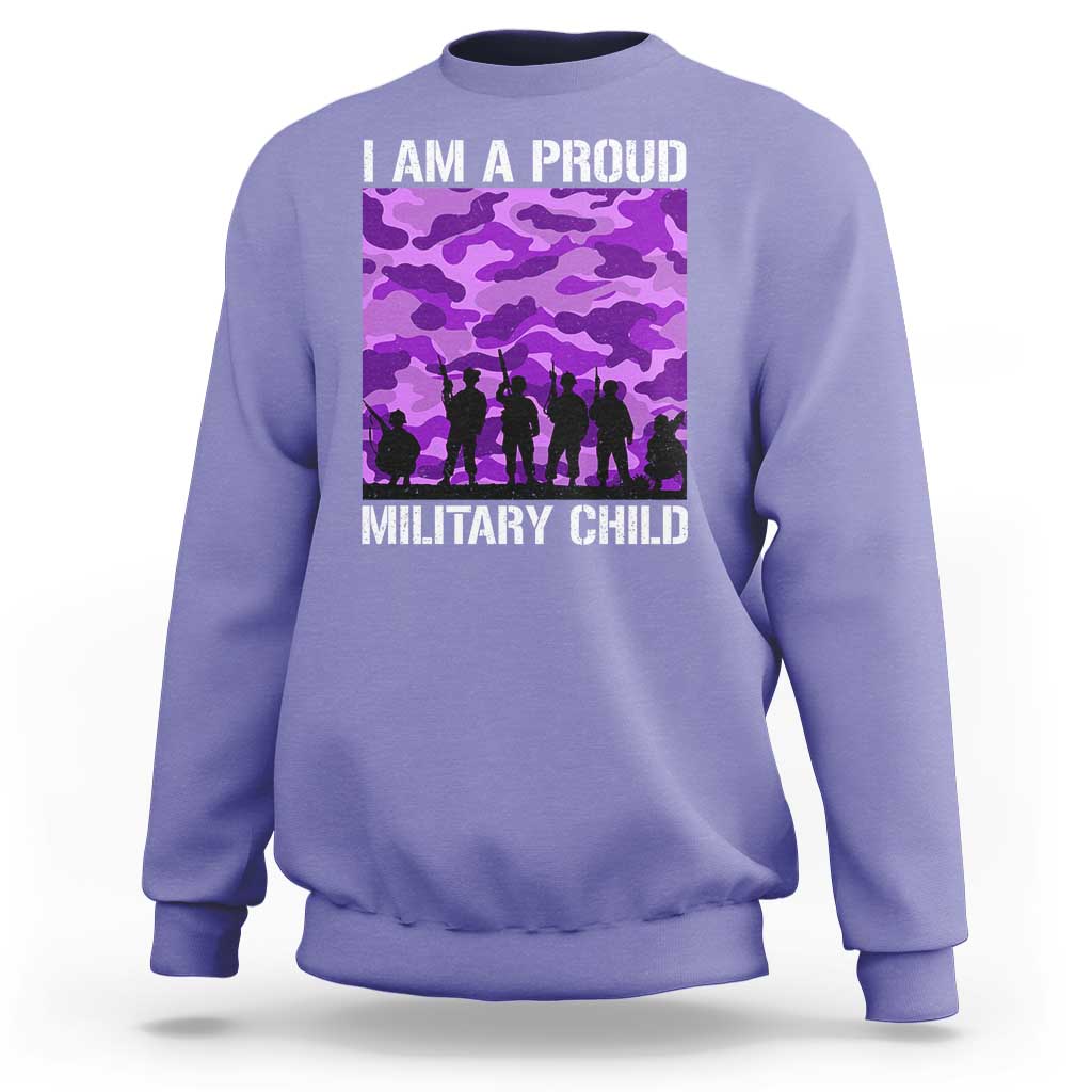 I Am A Proud Military Child Sweatshirt Military Child Month Purple Camouflage Flag