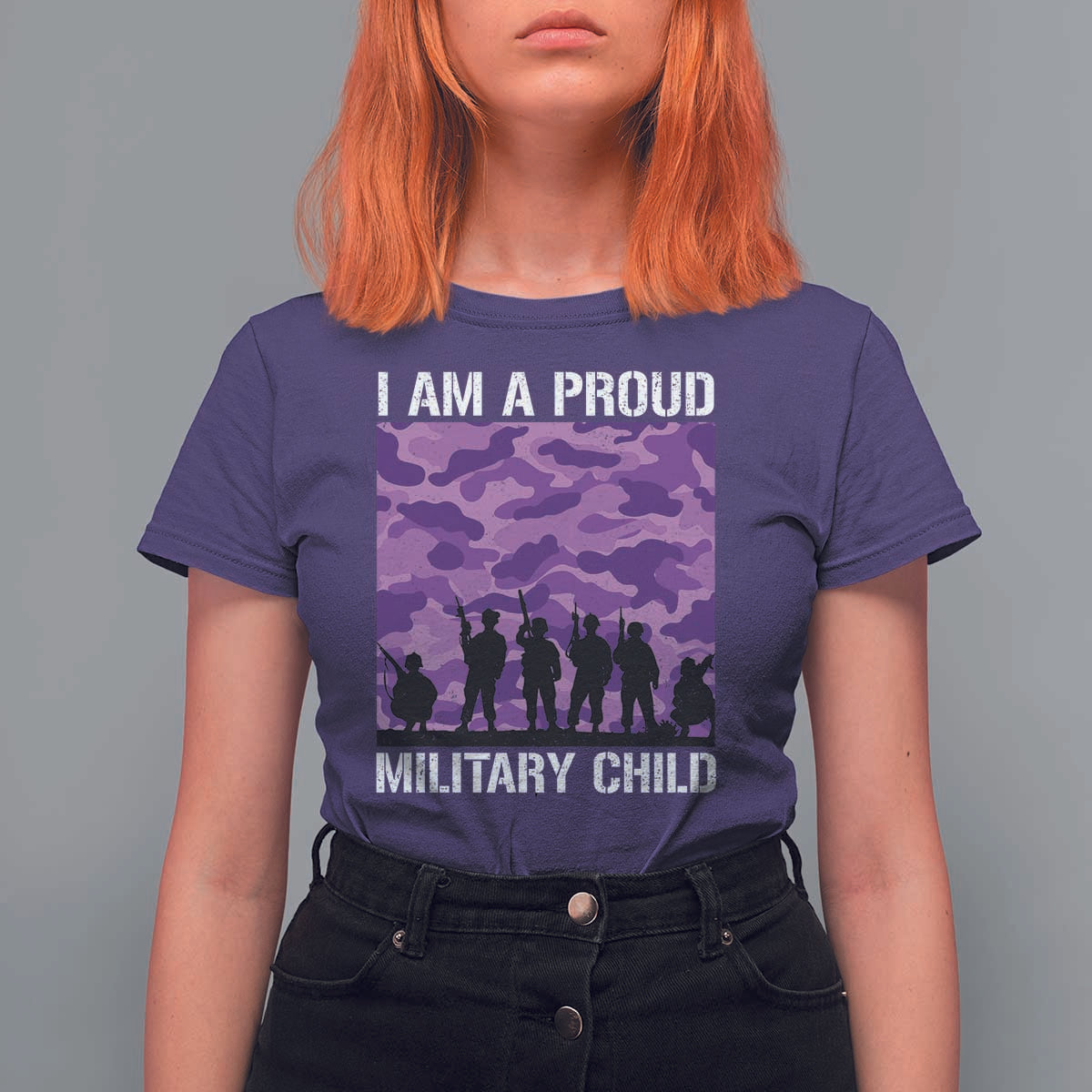 I Am A Proud Military Child T Shirt For Women Military Child Month Purple Camouflage Flag