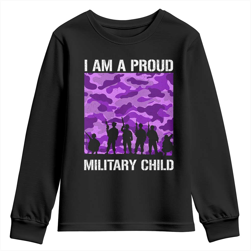 I Am A Proud Military Child Youth Sweatshirt Military Child Month Purple Camouflage Flag