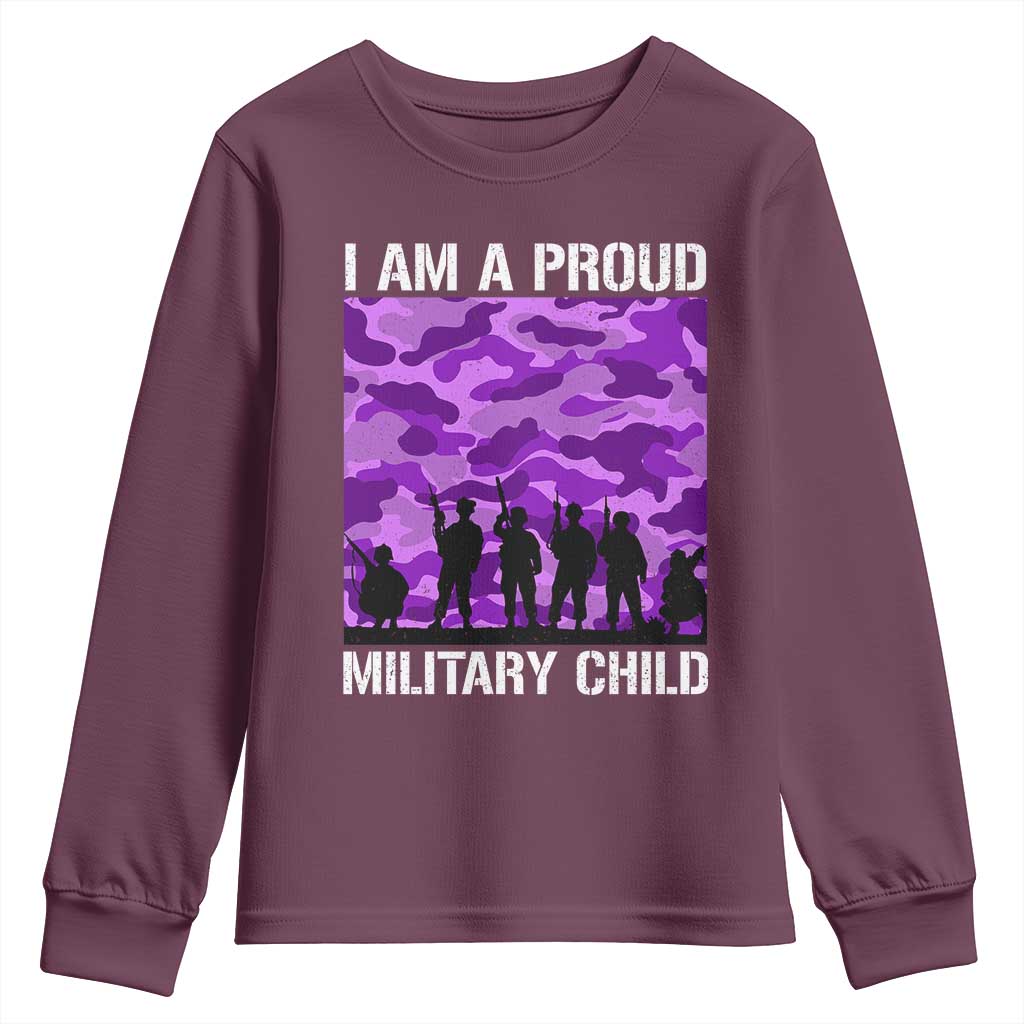 I Am A Proud Military Child Youth Sweatshirt Military Child Month Purple Camouflage Flag