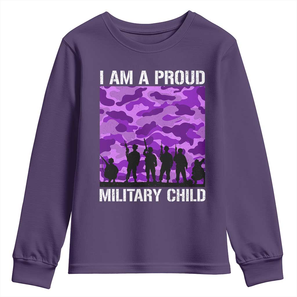 I Am A Proud Military Child Youth Sweatshirt Military Child Month Purple Camouflage Flag