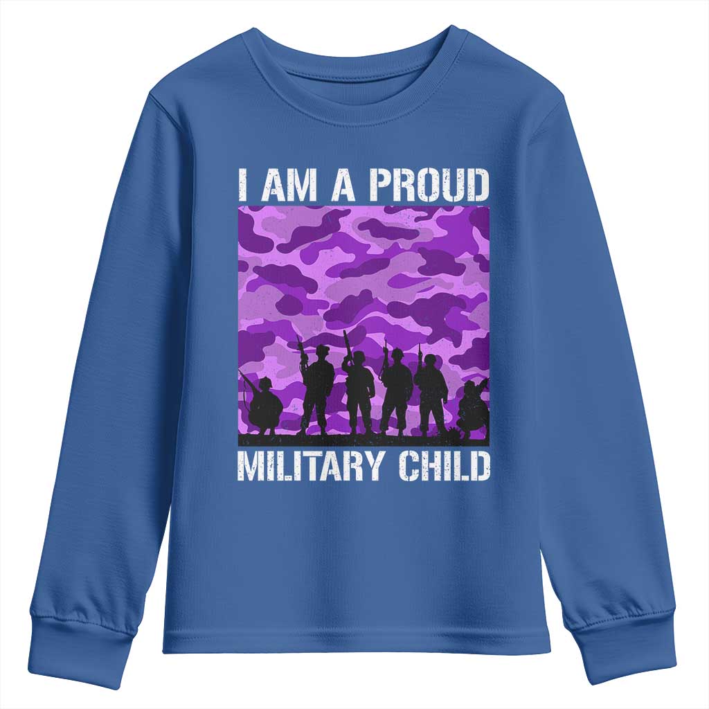 I Am A Proud Military Child Youth Sweatshirt Military Child Month Purple Camouflage Flag
