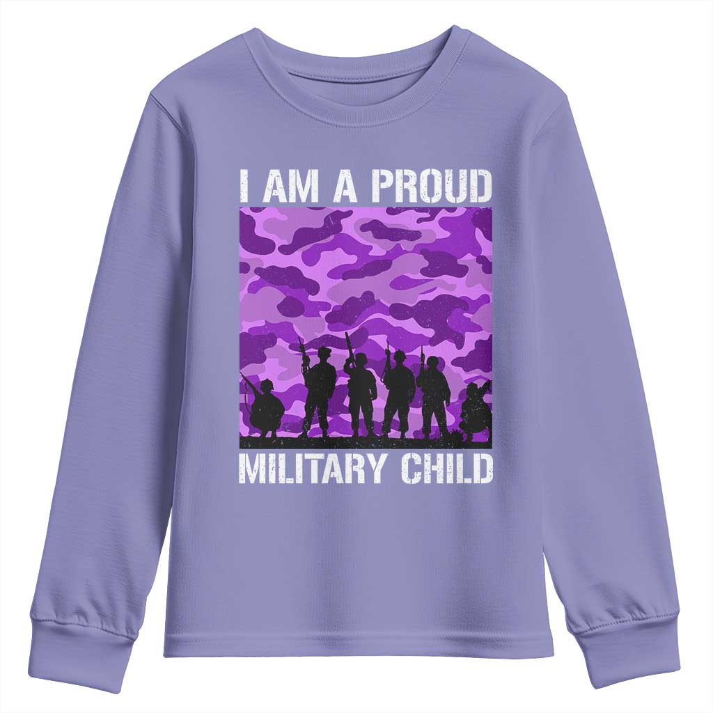 I Am A Proud Military Child Youth Sweatshirt Military Child Month Purple Camouflage Flag