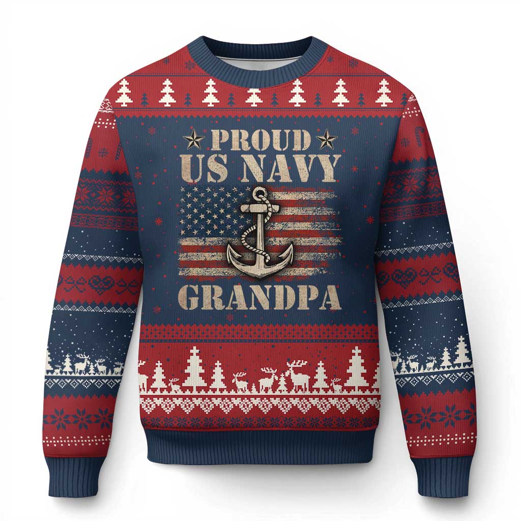 Proud US Navy Grandpa Ugly Christmas Sweater Vintage American Flag Anchor - Wonder Print Shop