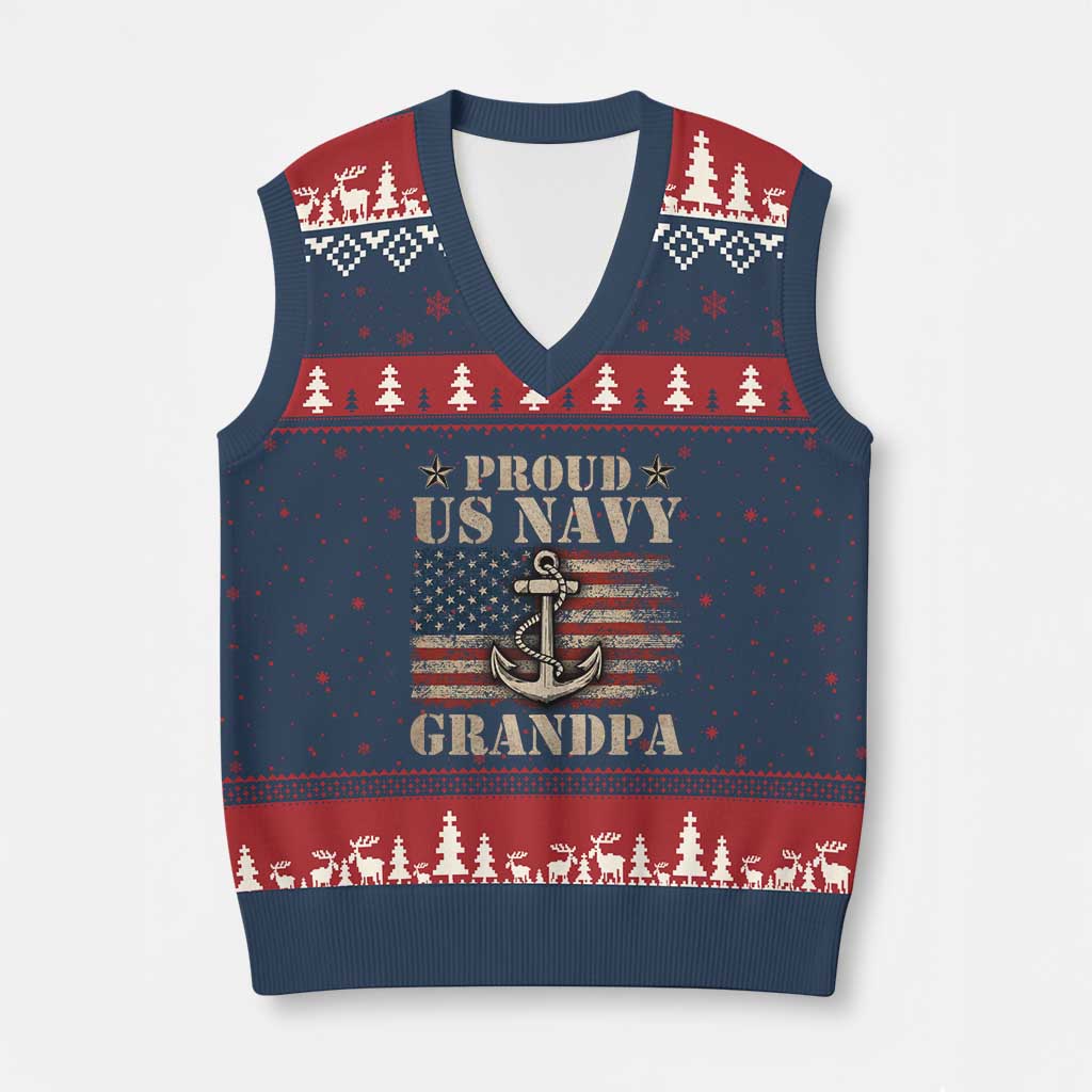 Proud US Navy Grandpa V-Neck Knit Sweater Vest Vintage American Flag Anchor - Wonder Print Shop