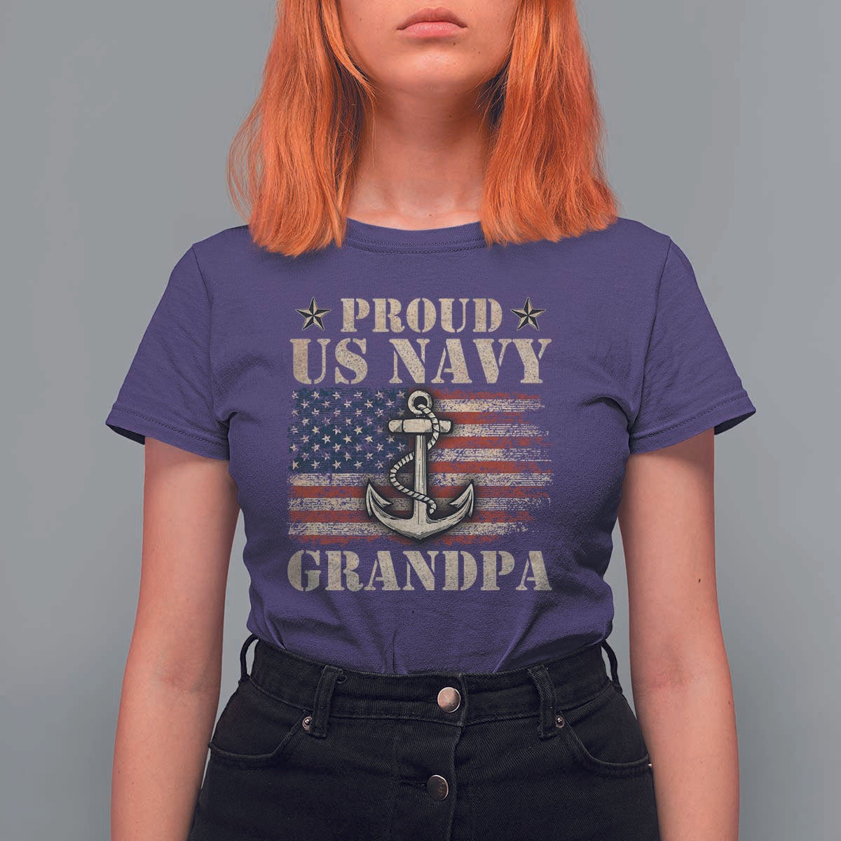 Proud US Navy Grandpa T Shirt For Women Vintage American Flag Anchor