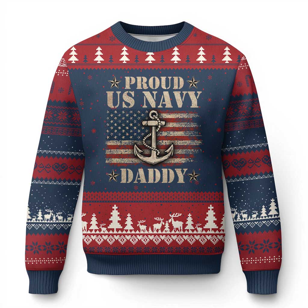 Proud US Navy Daddy Ugly Christmas Sweater Vintage American Flag Anchor - Wonder Print Shop