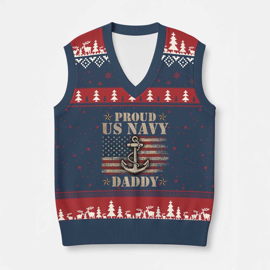 Proud US Navy Daddy V-Neck Knit Sweater Vest Vintage American Flag Anchor - Wonder Print Shop