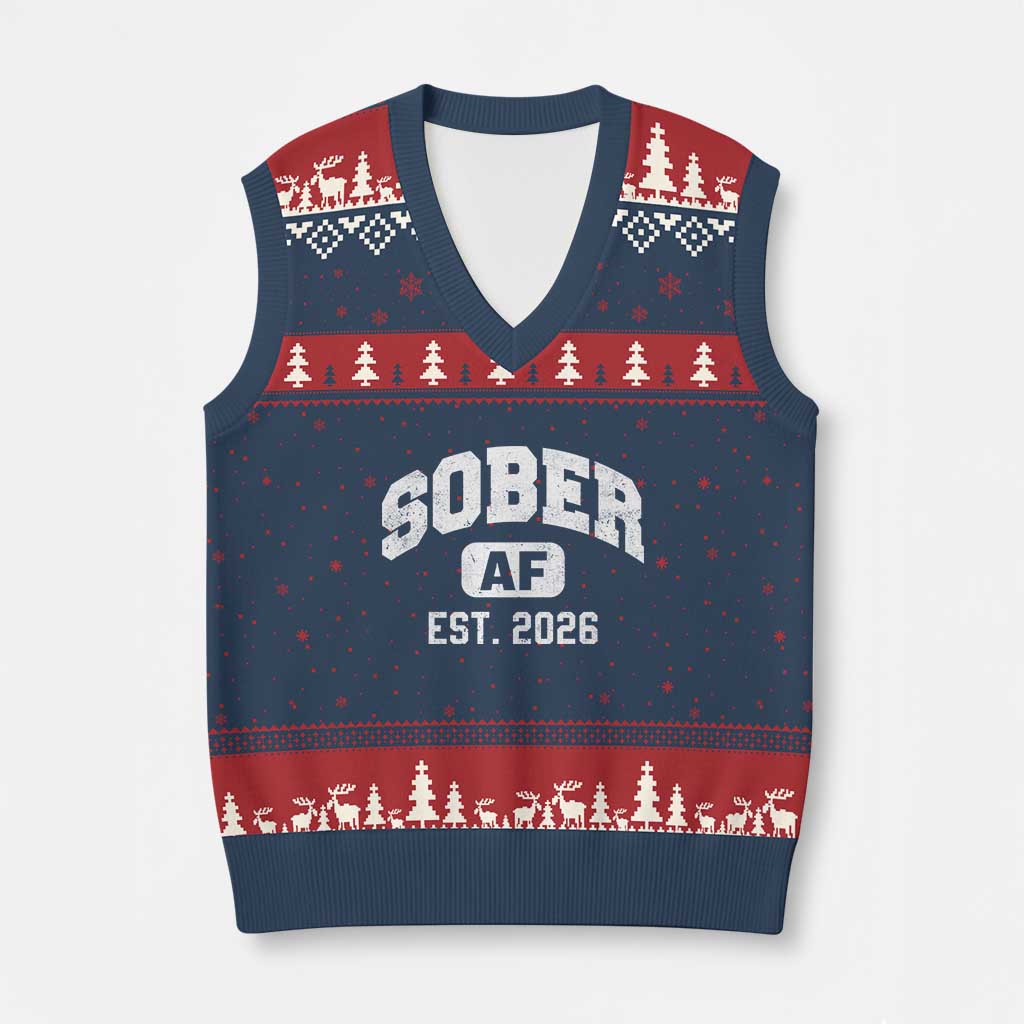 Sober AF 2026 AA Recovery Achiever Sobriety Anniversary V-Neck Knit Sweater Vest