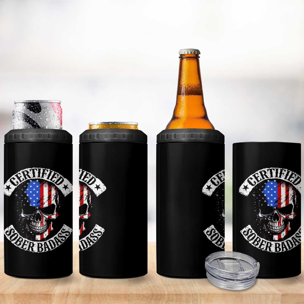 Certified Sober Badass 4 in 1 Can Cooler Tumbler Sobriety Alcohol Fighters Vintage Skull