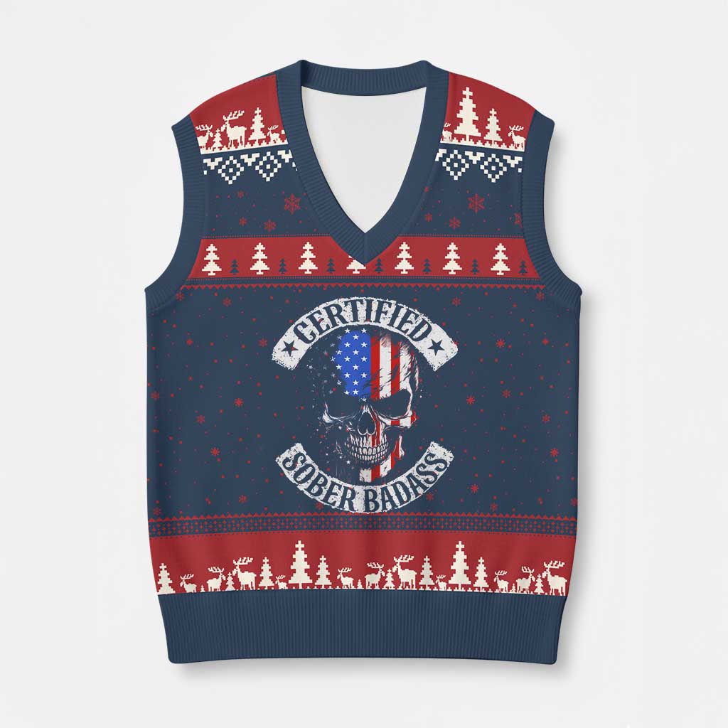 Certified Sober Badass V-Neck Knit Sweater Vest Sobriety Alcohol Fighters Vintage Skull