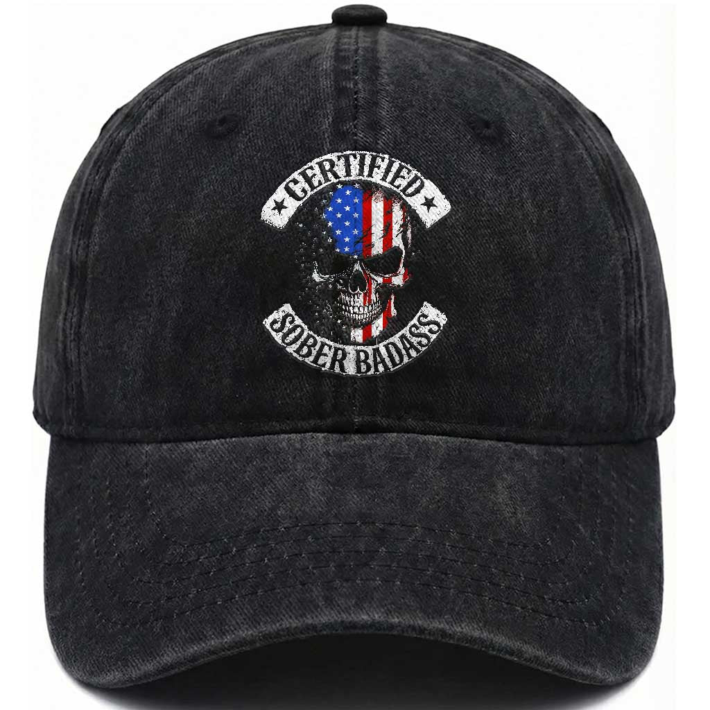 Certified Sober Badass Washed Cotton Baseball Cap Sobriety Alcohol Fighters Vintage Skull