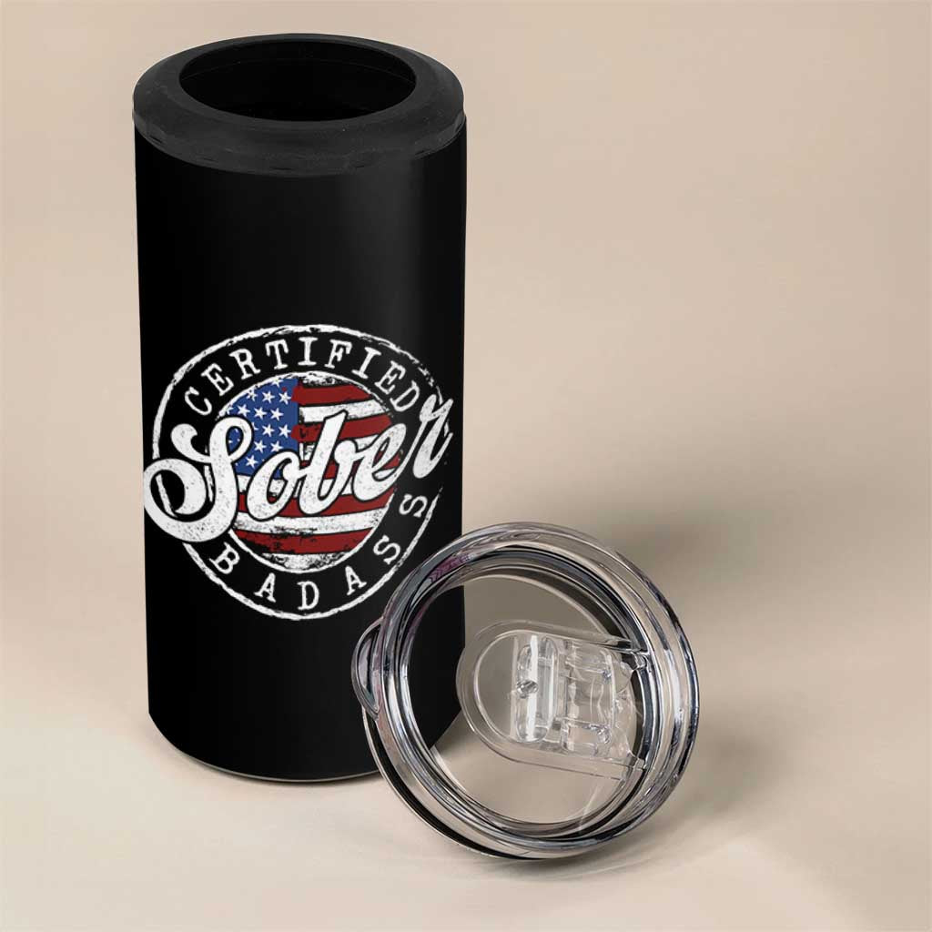 Certified Sober Badass 4 in 1 Can Cooler Tumbler Sobriety Alcohol Recovery Vintage American Flag