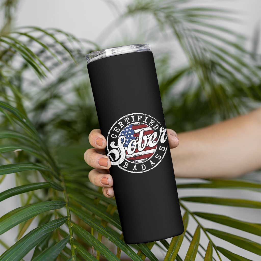 Certified Sober Badass Skinny Tumbler Sobriety Alcohol Recovery Vintage American Flag