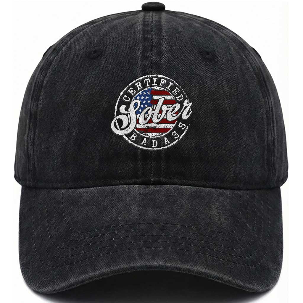 Certified Sober Badass Washed Cotton Baseball Cap Sobriety Alcohol Recovery Vintage American Flag