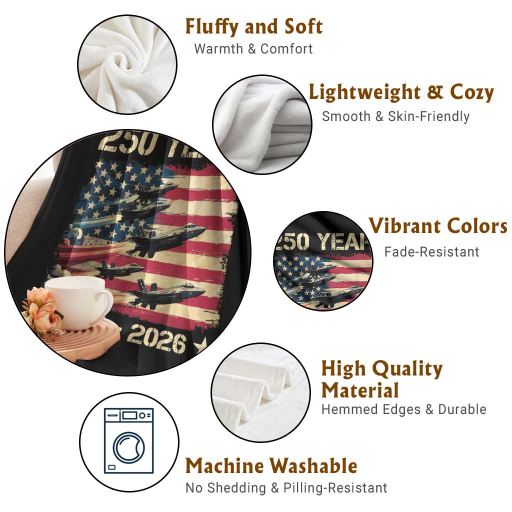 USA 250 Years 1776 2026 Patriotic Jets Trail American Flag Throw Blanket