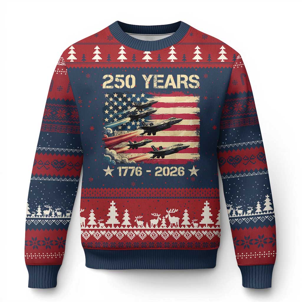 USA 250 Years 1776 2026 Patriotic Jets Trail American Flag Ugly Christmas Sweater