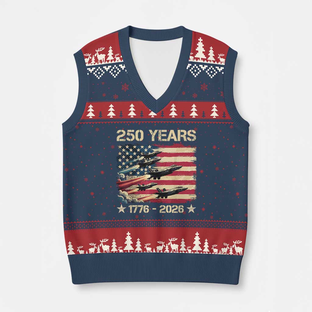 USA 250 Years 1776 2026 Patriotic Jets Trail American Flag V-Neck Knit Sweater Vest