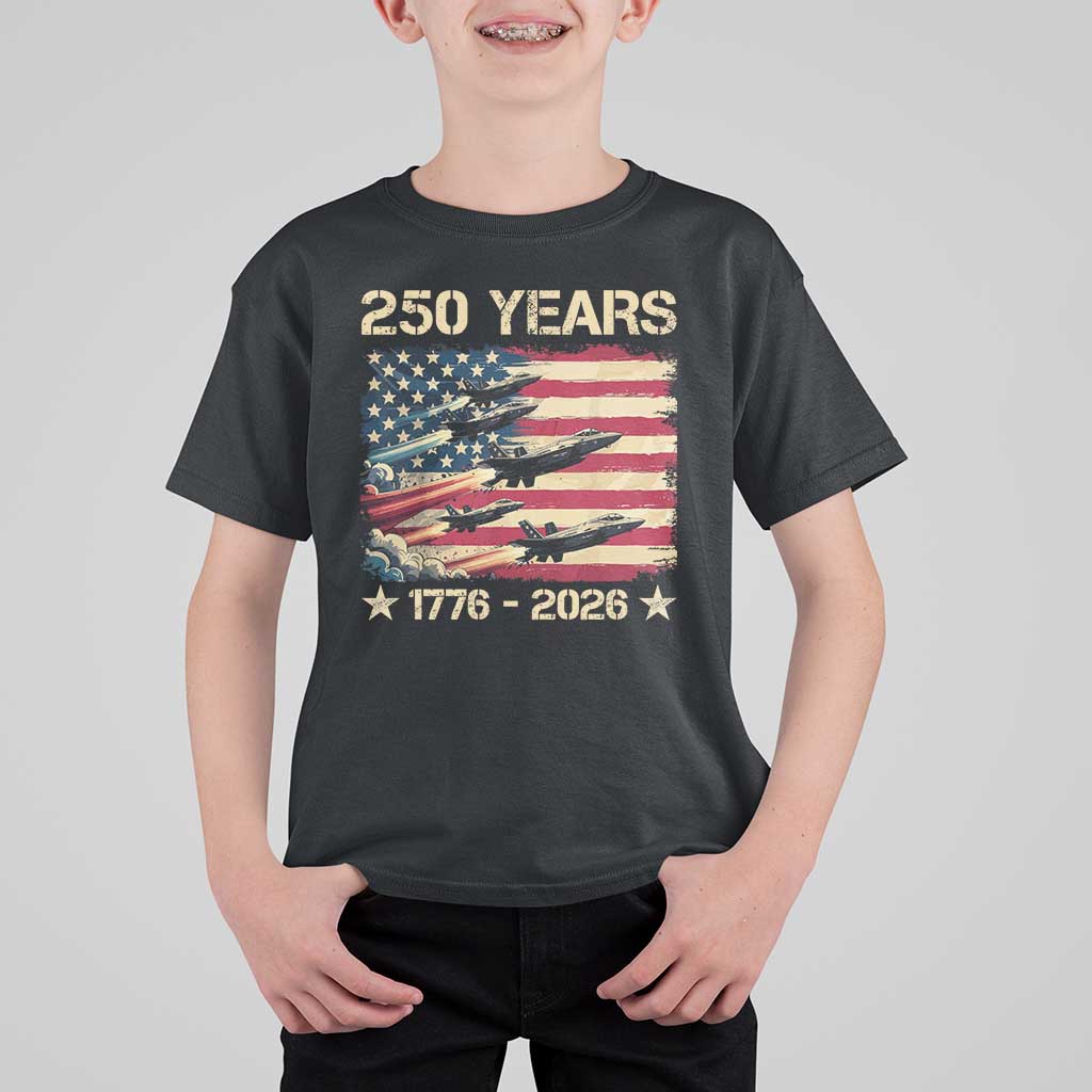 USA 250 Years 1776 2026 Patriotic Jets Trail American Flag T Shirt For Kid