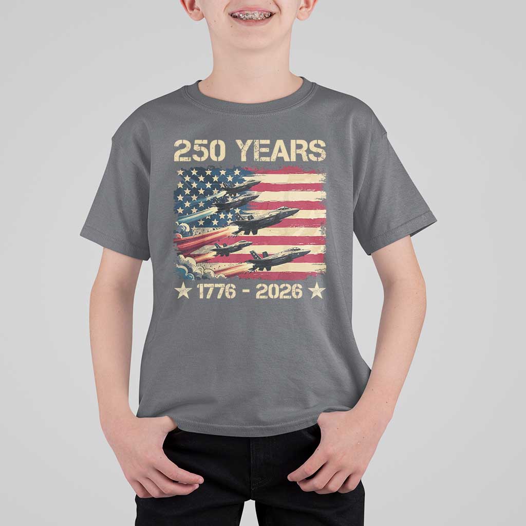 USA 250 Years 1776 2026 Patriotic Jets Trail American Flag T Shirt For Kid