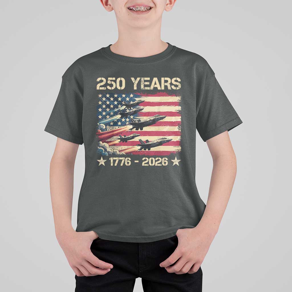 USA 250 Years 1776 2026 Patriotic Jets Trail American Flag T Shirt For Kid