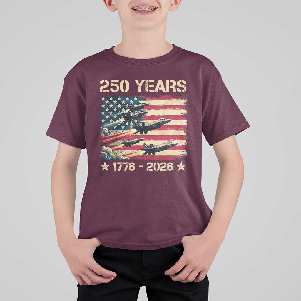 USA 250 Years 1776 2026 Patriotic Jets Trail American Flag T Shirt For Kid