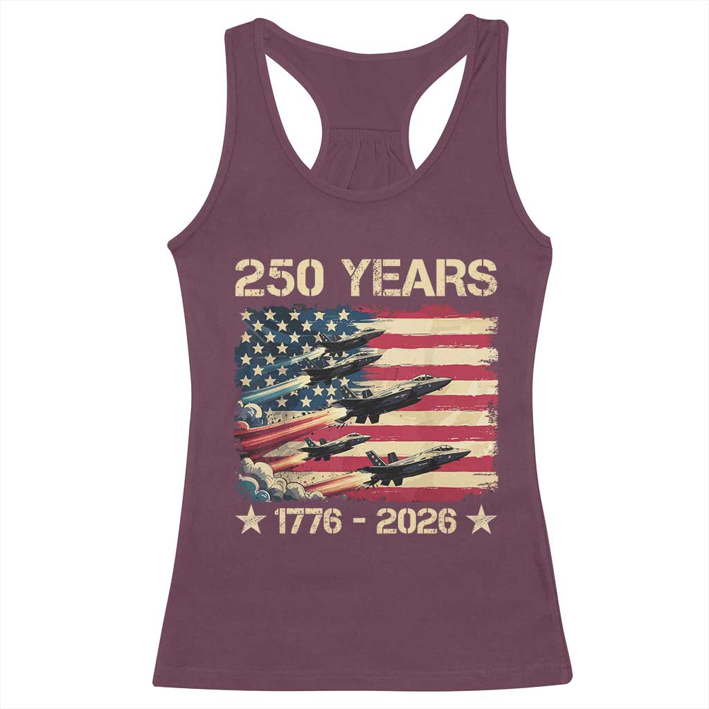 USA 250 Years 1776 2026 Patriotic Jets Trail American Flag Racerback Tank Top