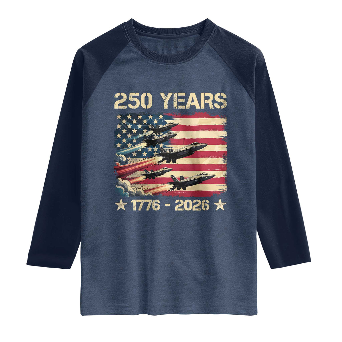 USA 250 Years 1776 2026 Patriotic Jets Trail American Flag Raglan Shirt