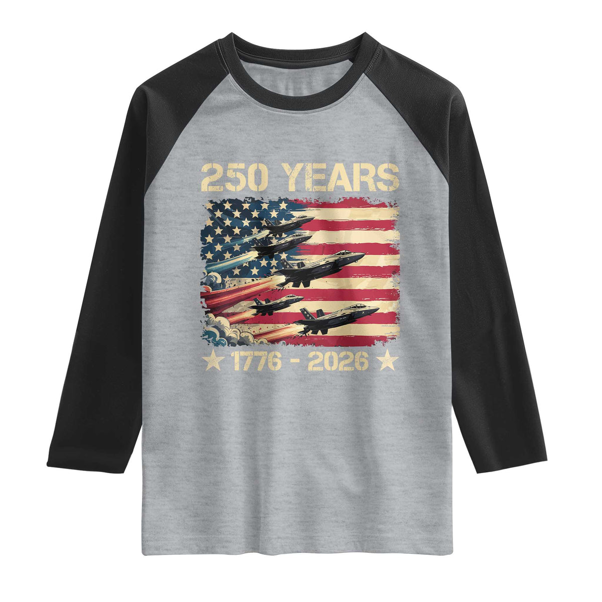 USA 250 Years 1776 2026 Patriotic Jets Trail American Flag Raglan Shirt