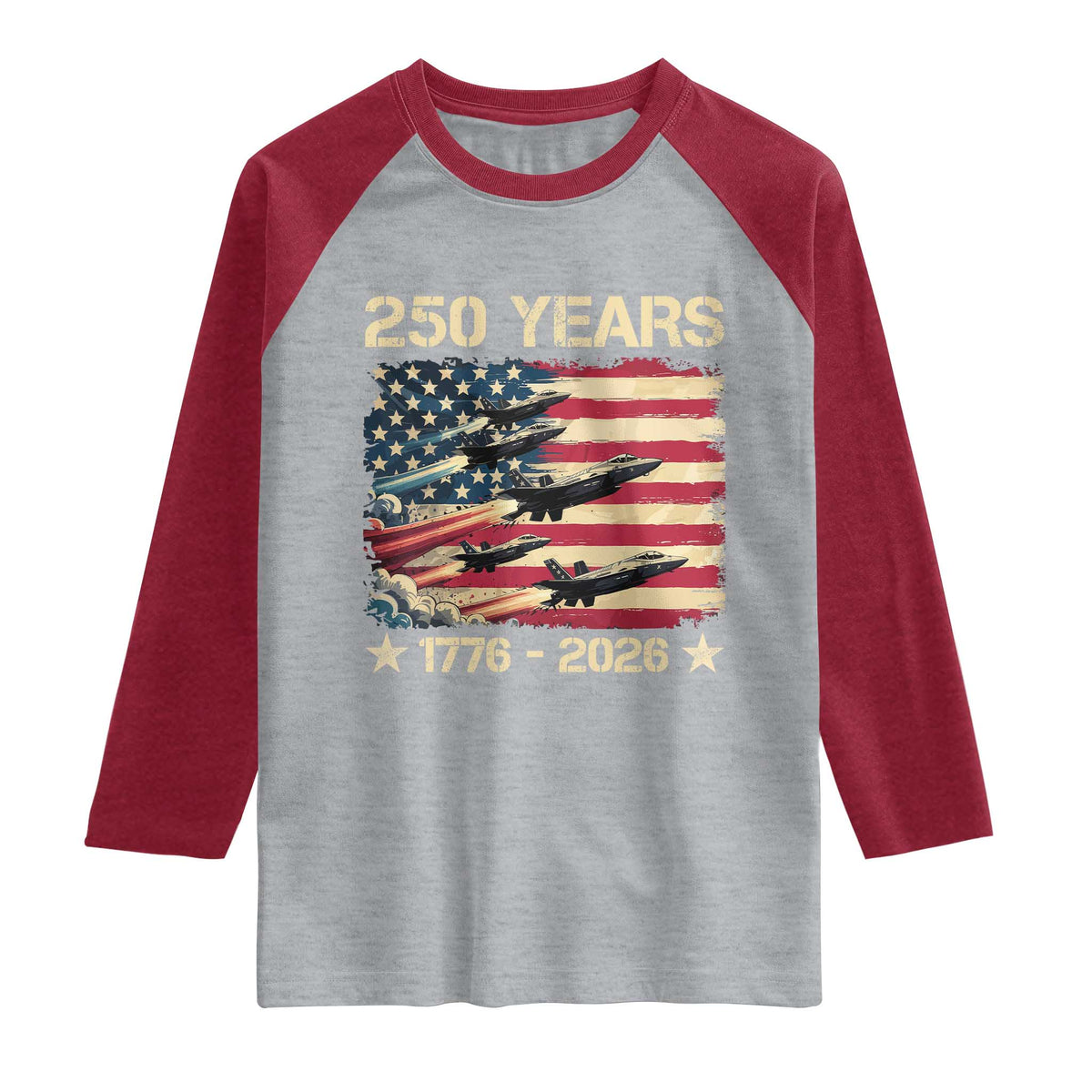 USA 250 Years 1776 2026 Patriotic Jets Trail American Flag Raglan Shirt