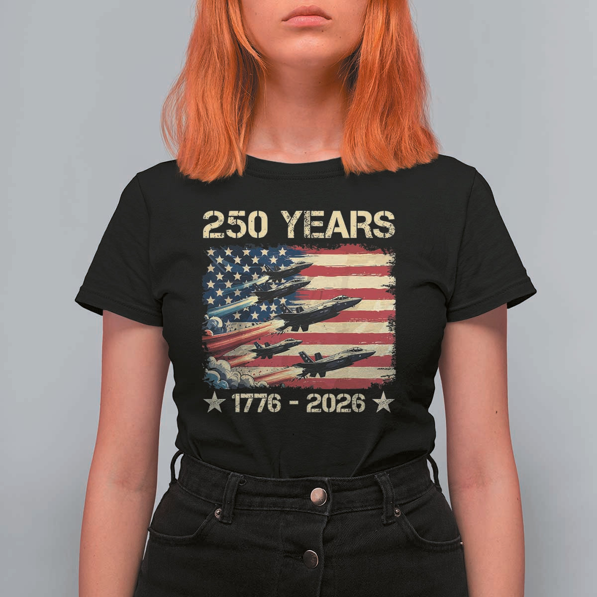 USA 250 Years 1776 2026 Patriotic Jets Trail American Flag T Shirt For Women