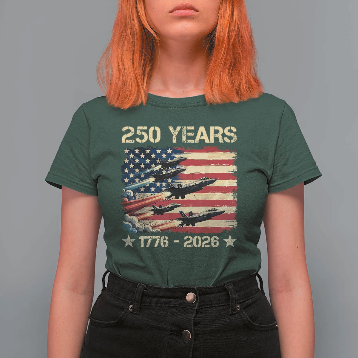 USA 250 Years 1776 2026 Patriotic Jets Trail American Flag T Shirt For Women