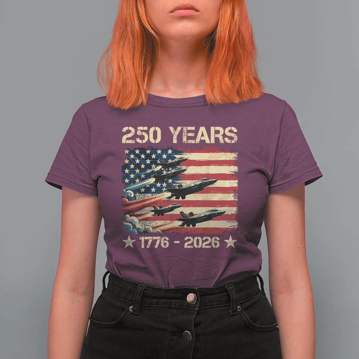 USA 250 Years 1776 2026 Patriotic Jets Trail American Flag T Shirt For Women