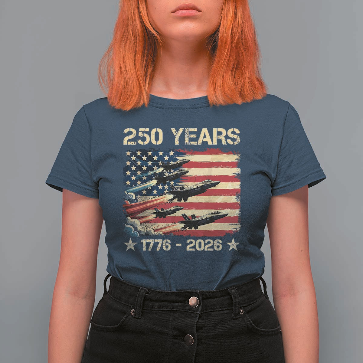 USA 250 Years 1776 2026 Patriotic Jets Trail American Flag T Shirt For Women