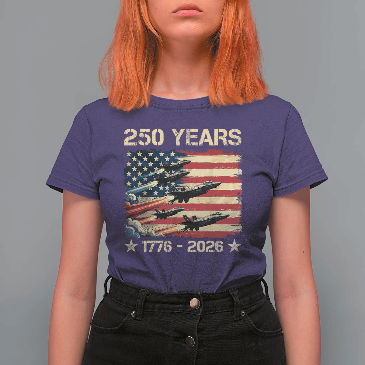 USA 250 Years 1776 2026 Patriotic Jets Trail American Flag T Shirt For Women
