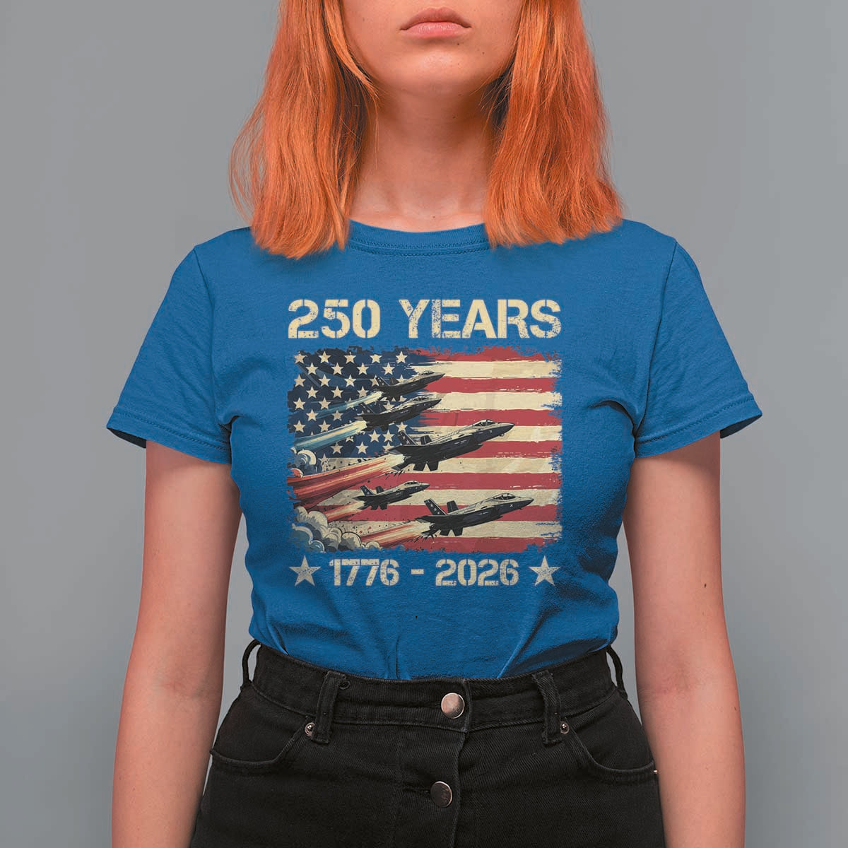 USA 250 Years 1776 2026 Patriotic Jets Trail American Flag T Shirt For Women