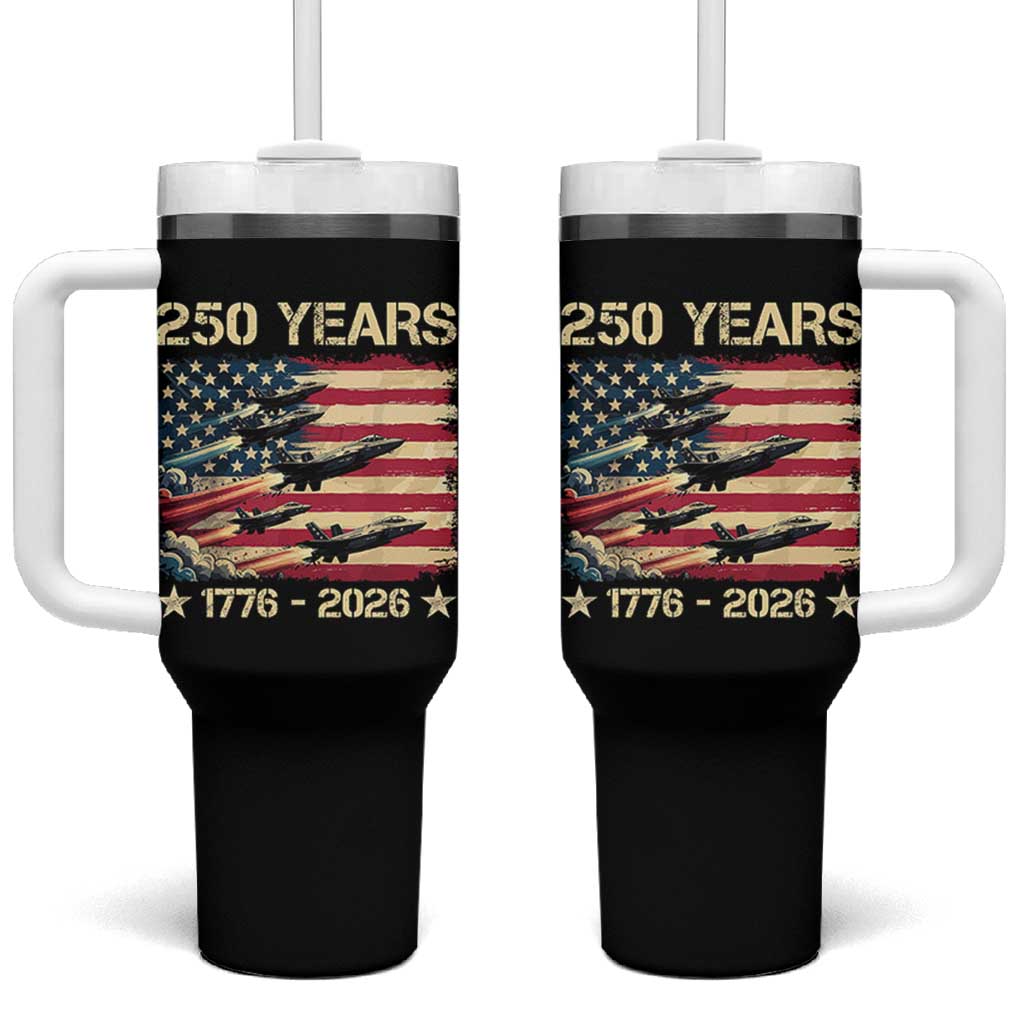 USA 250 Years 1776 2026 Patriotic Jets Trail American Flag Tumbler With Handle