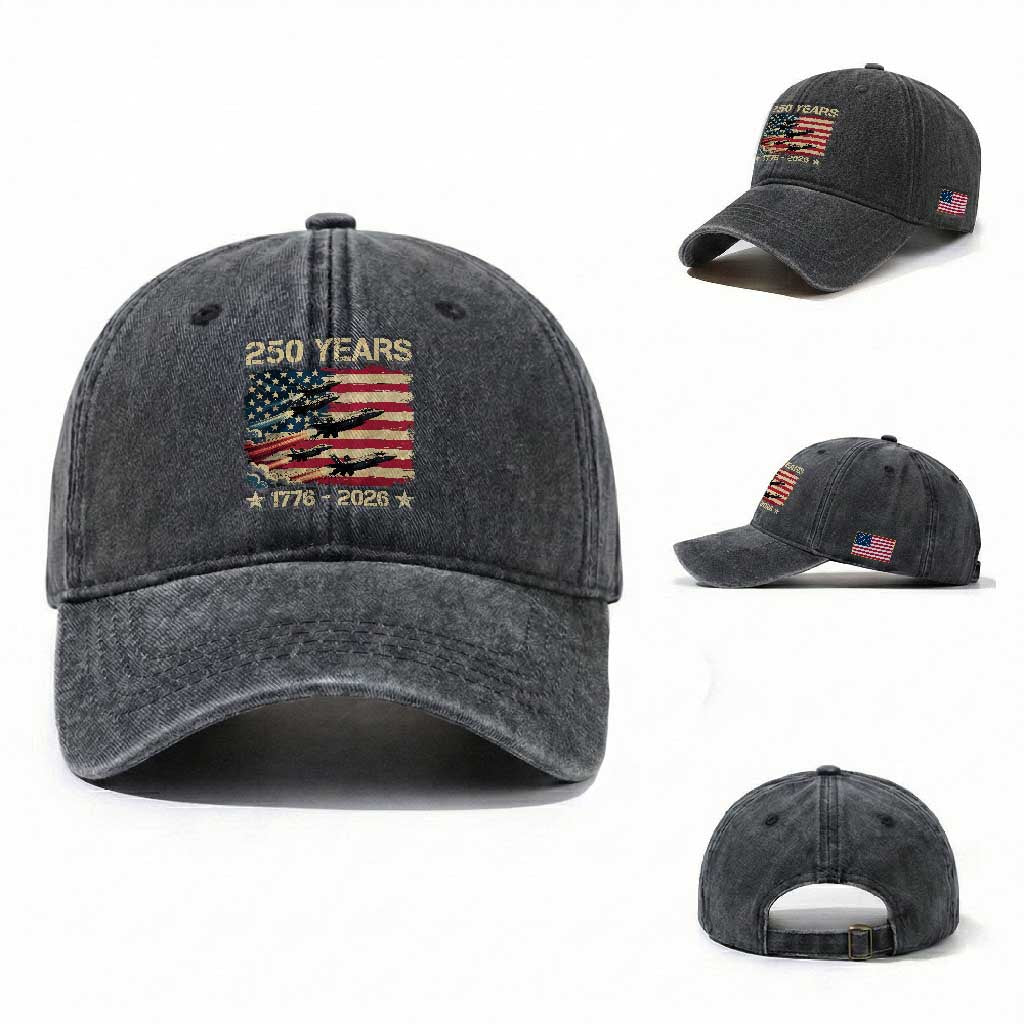 USA 250 Years 1776 2026 Patriotic Jets Trail American Flag Washed Cotton Baseball Cap