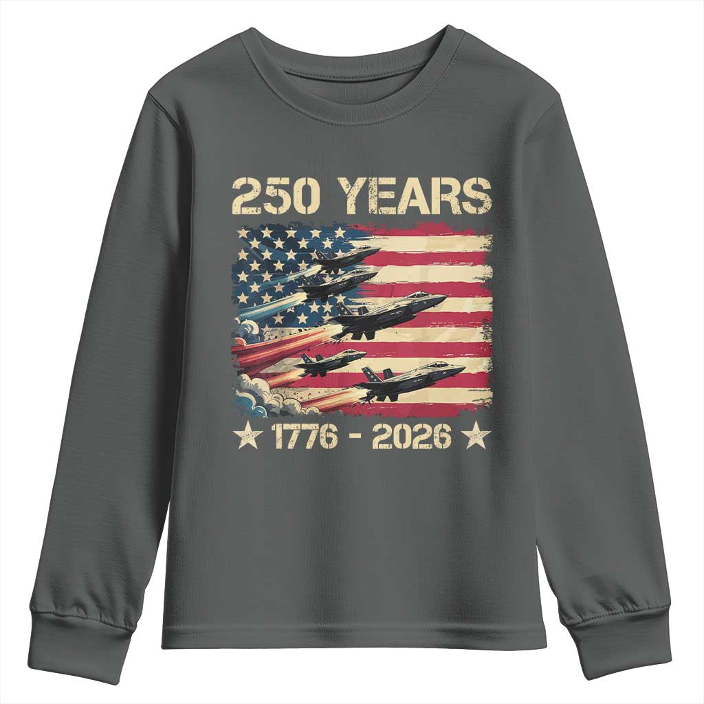 USA 250 Years 1776 2026 Patriotic Jets Trail American Flag Youth Sweatshirt