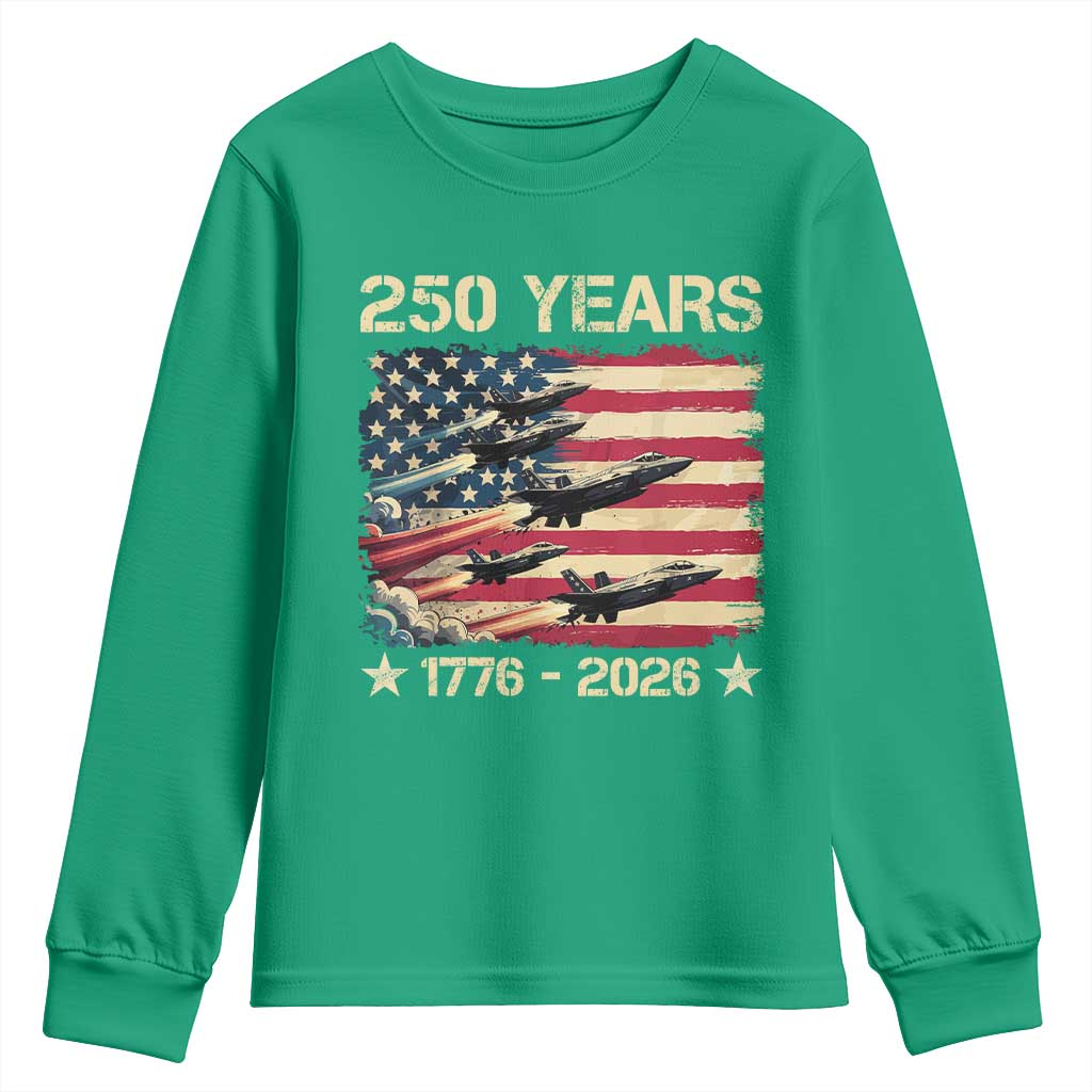 USA 250 Years 1776 2026 Patriotic Jets Trail American Flag Youth Sweatshirt