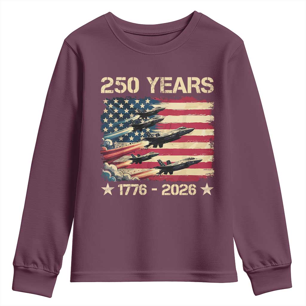 USA 250 Years 1776 2026 Patriotic Jets Trail American Flag Youth Sweatshirt