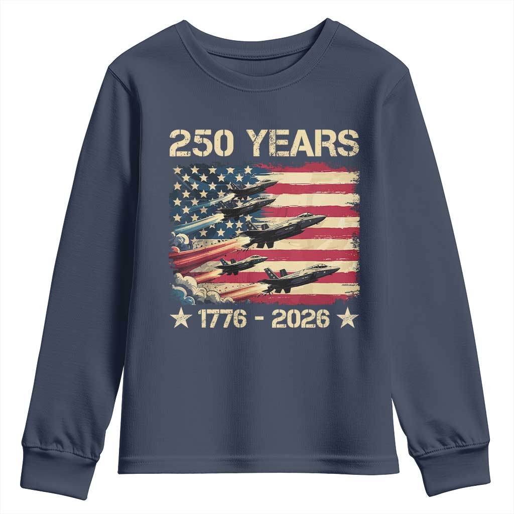 USA 250 Years 1776 2026 Patriotic Jets Trail American Flag Youth Sweatshirt