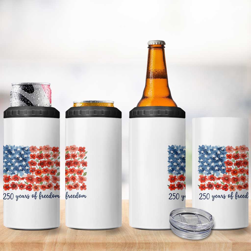 US 250 Years Of Freedom 4 in 1 Can Cooler Tumbler Retro Flower American Flag