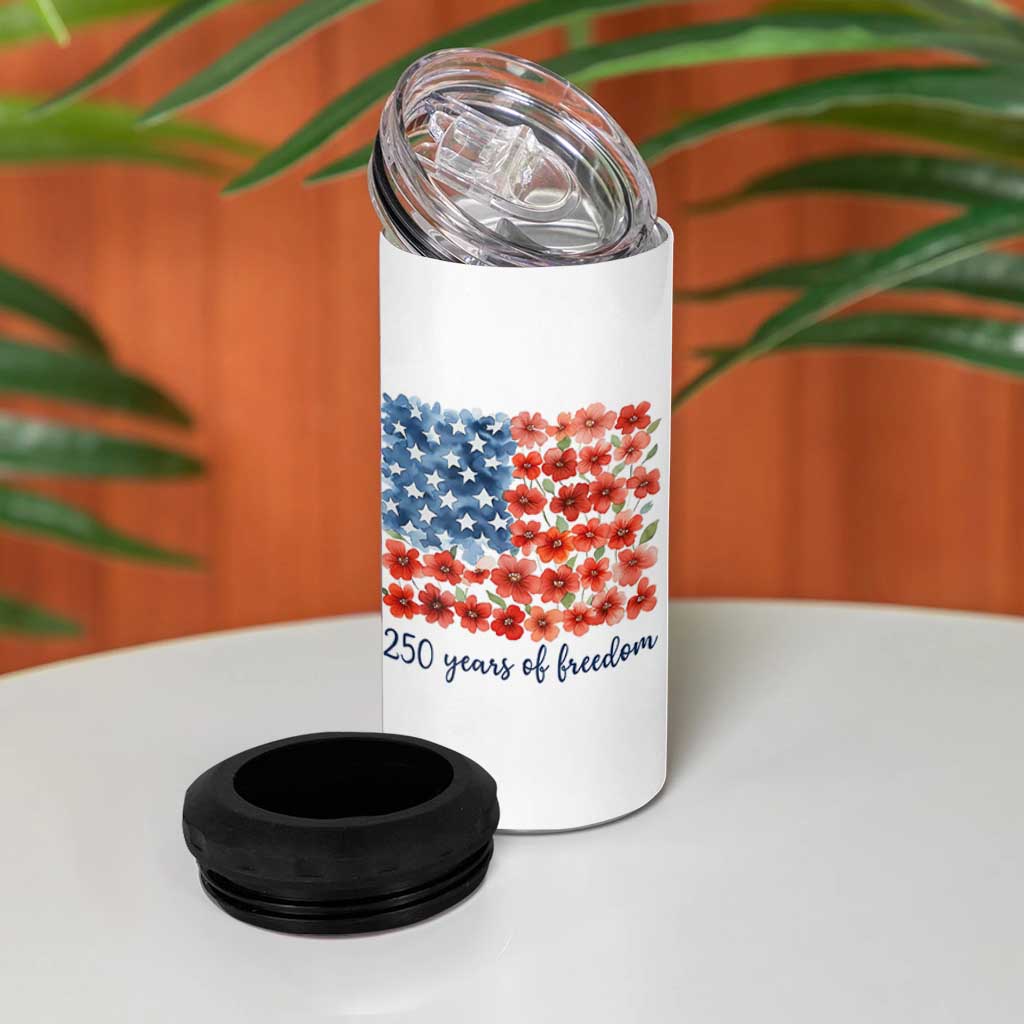 US 250 Years Of Freedom 4 in 1 Can Cooler Tumbler Retro Flower American Flag
