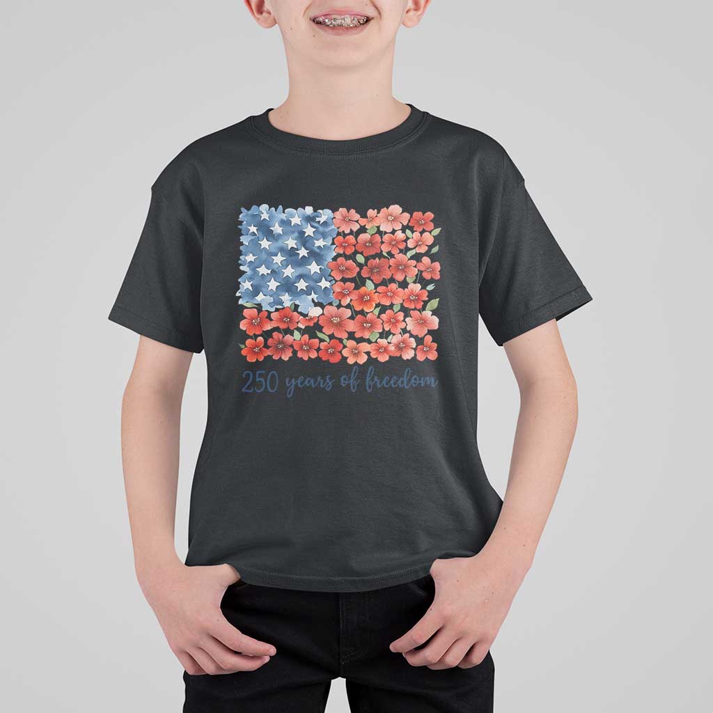 US 250 Years Of Freedom T Shirt For Kid Retro Flower American Flag