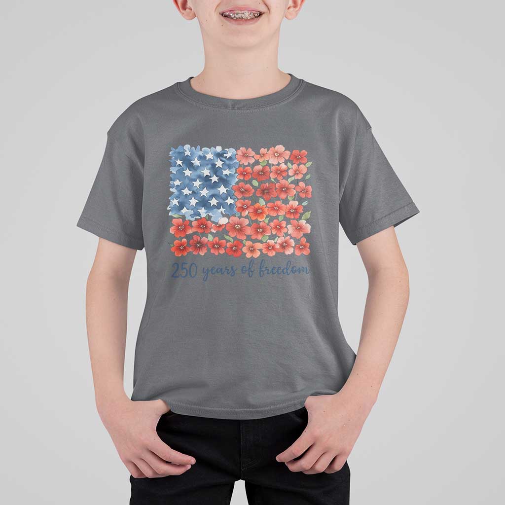 US 250 Years Of Freedom T Shirt For Kid Retro Flower American Flag