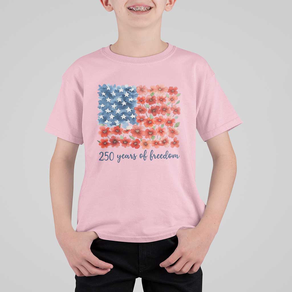 US 250 Years Of Freedom T Shirt For Kid Retro Flower American Flag