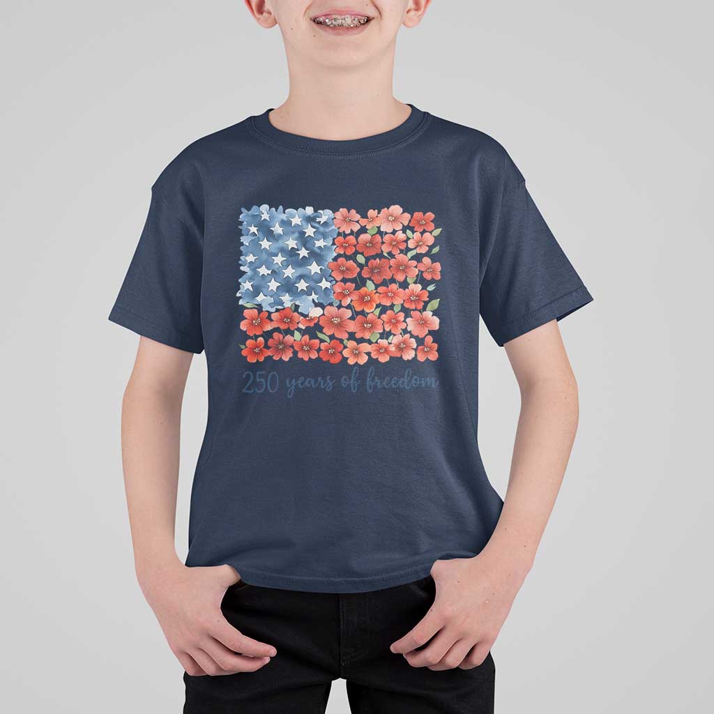 US 250 Years Of Freedom T Shirt For Kid Retro Flower American Flag